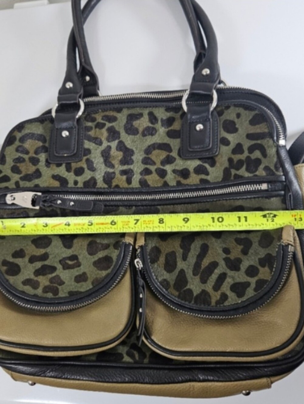 Aimee Kestenberg LUCY Olive Leopard Print Satchel w/ Black Trim, Silver Hardware - Picture 8 of 12